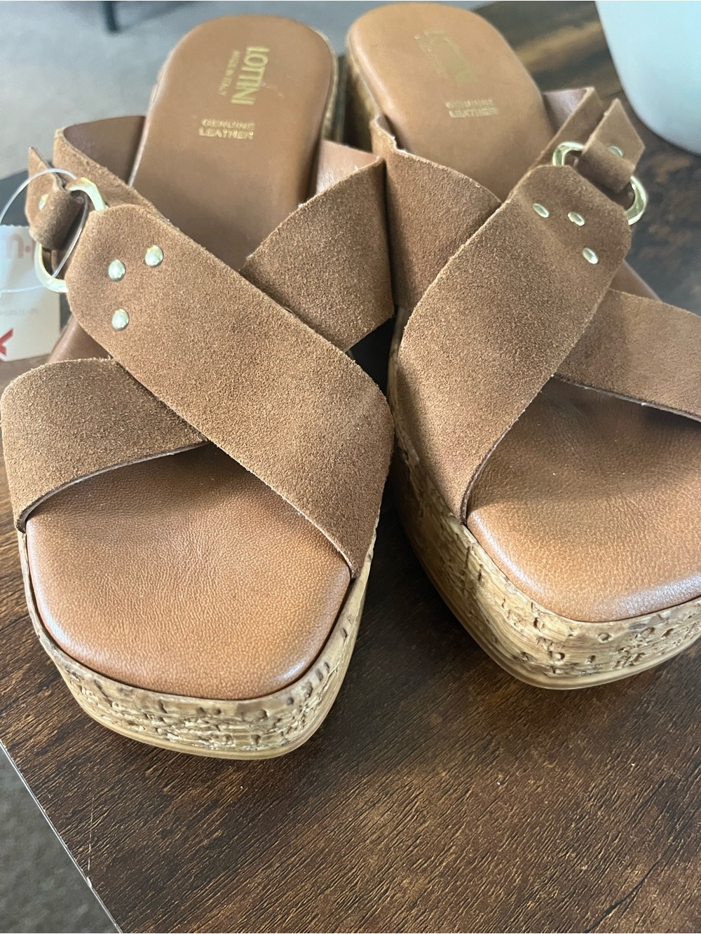 Suede Lottini Crisscross Platform Sandal in Brown. Made in Italy.